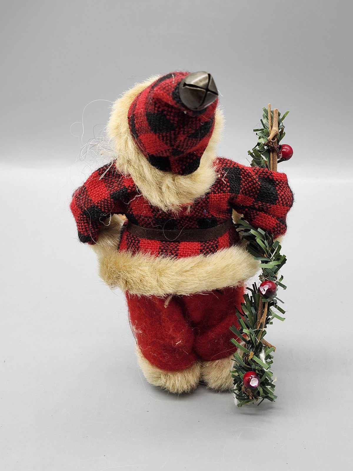 Buffalo Plaid Santa Claus Figurine Small Red Fabric Fur Christmas Tabletop Decor