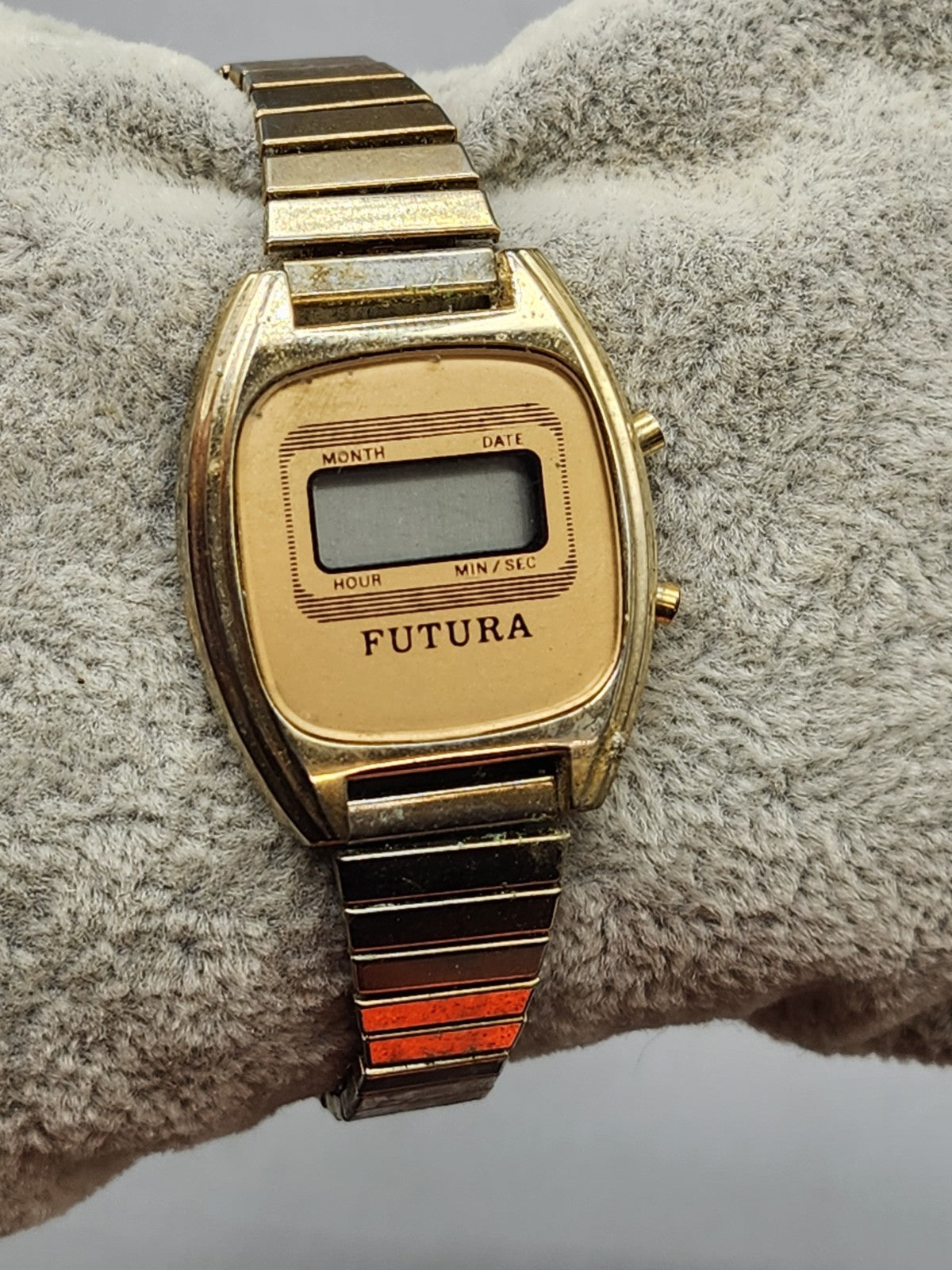 Vintage Futura LCD Digital Watch Gold Tone Stretch Band Parts Repair AS-IS