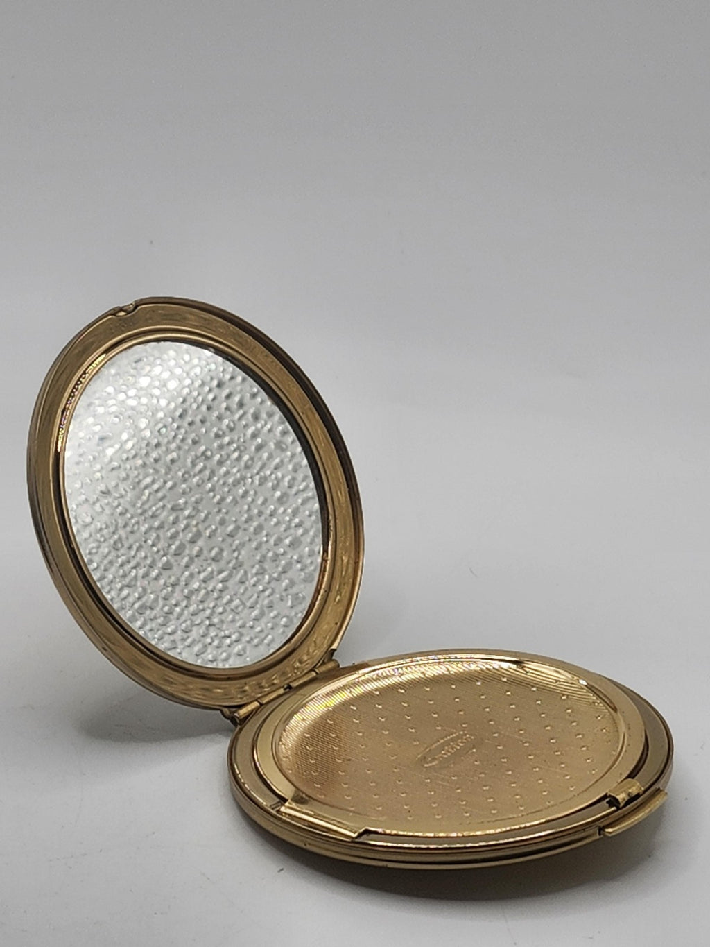 Vintage Stratton Compact Mirror Floral Enamel Round Gold Tone Black England