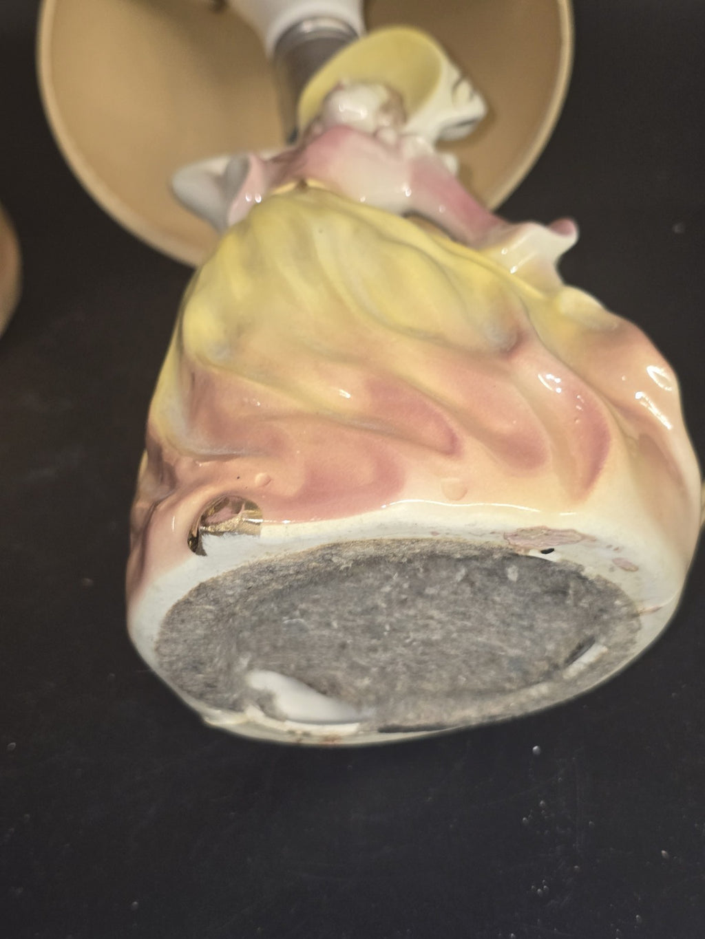 Vintage Pair Ceramic Lady Figurine Table Lamps w/ Original Shades Pink Yellow...