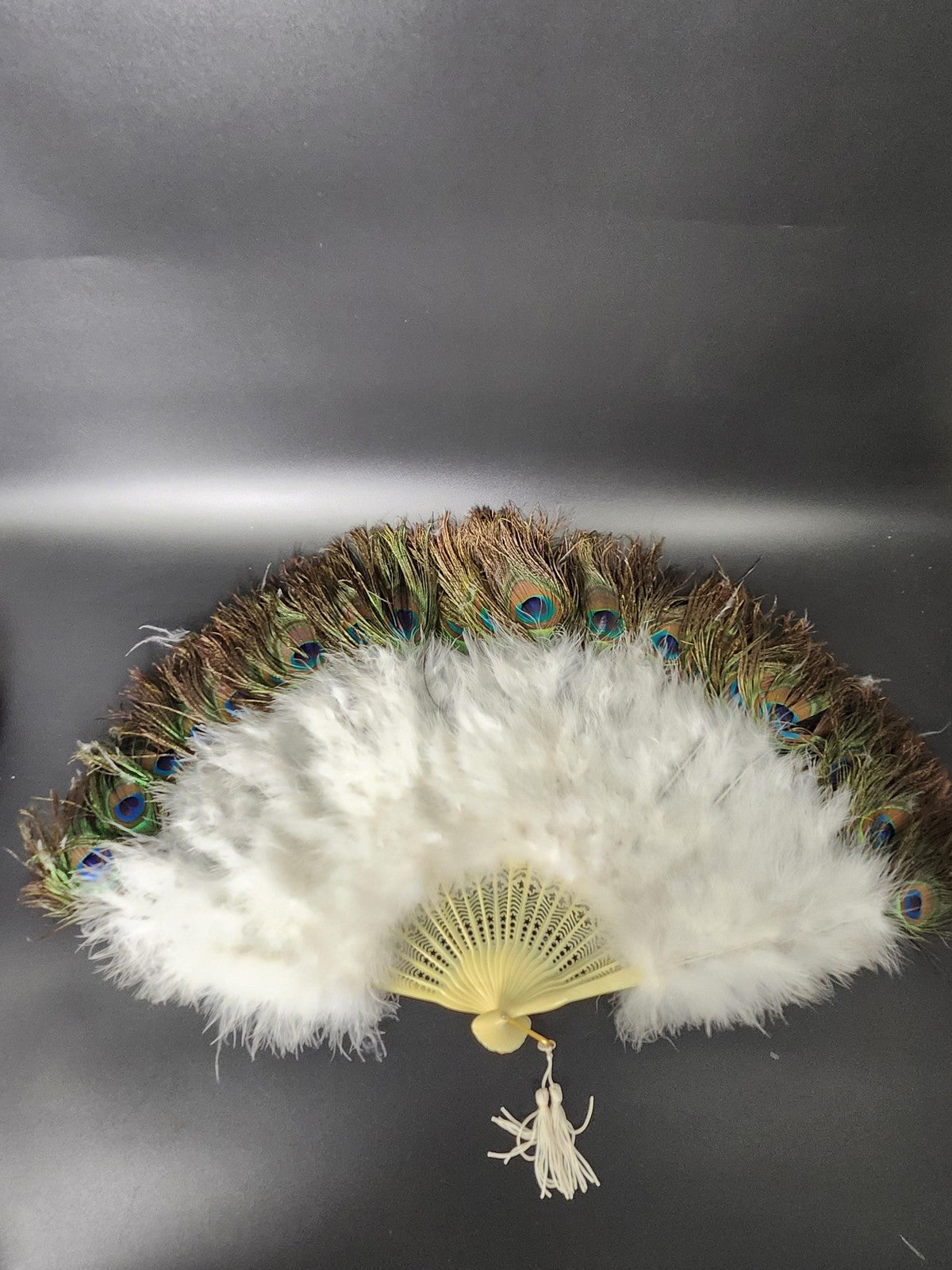 Peacock Feather Decorative Fan Traditional White Marabou Tassel Multicolor Decor