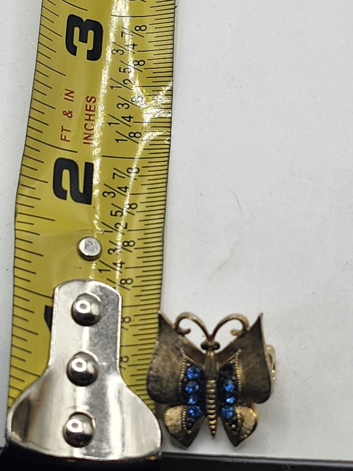 GJ Butterfly Brooch Pin Gold Tone Blue Rhinestone Insect Costume Jewelry Gift