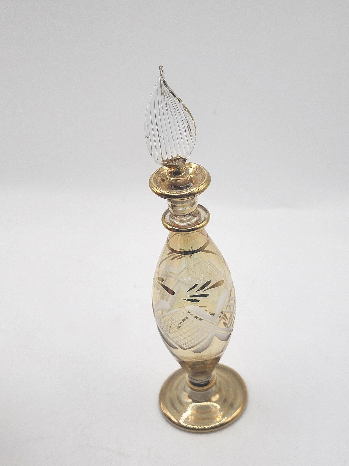 Vintage DeVilbiss Glass Perfume Bottle Gold Etched Floral Stopper USA Decor