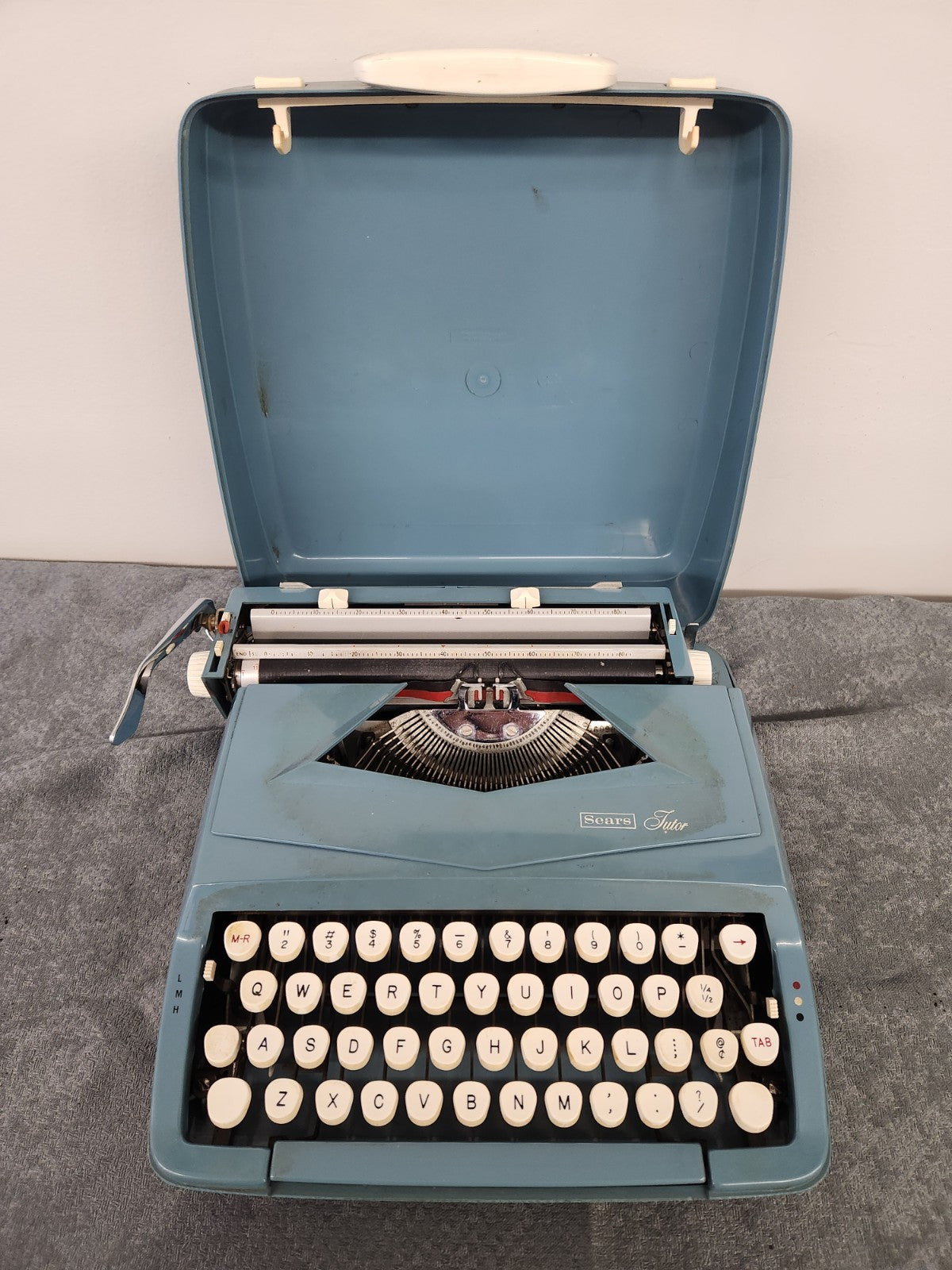 Vintage Sears Tutor Portable Typewriter Blue w/ Case Mid Century Manual...