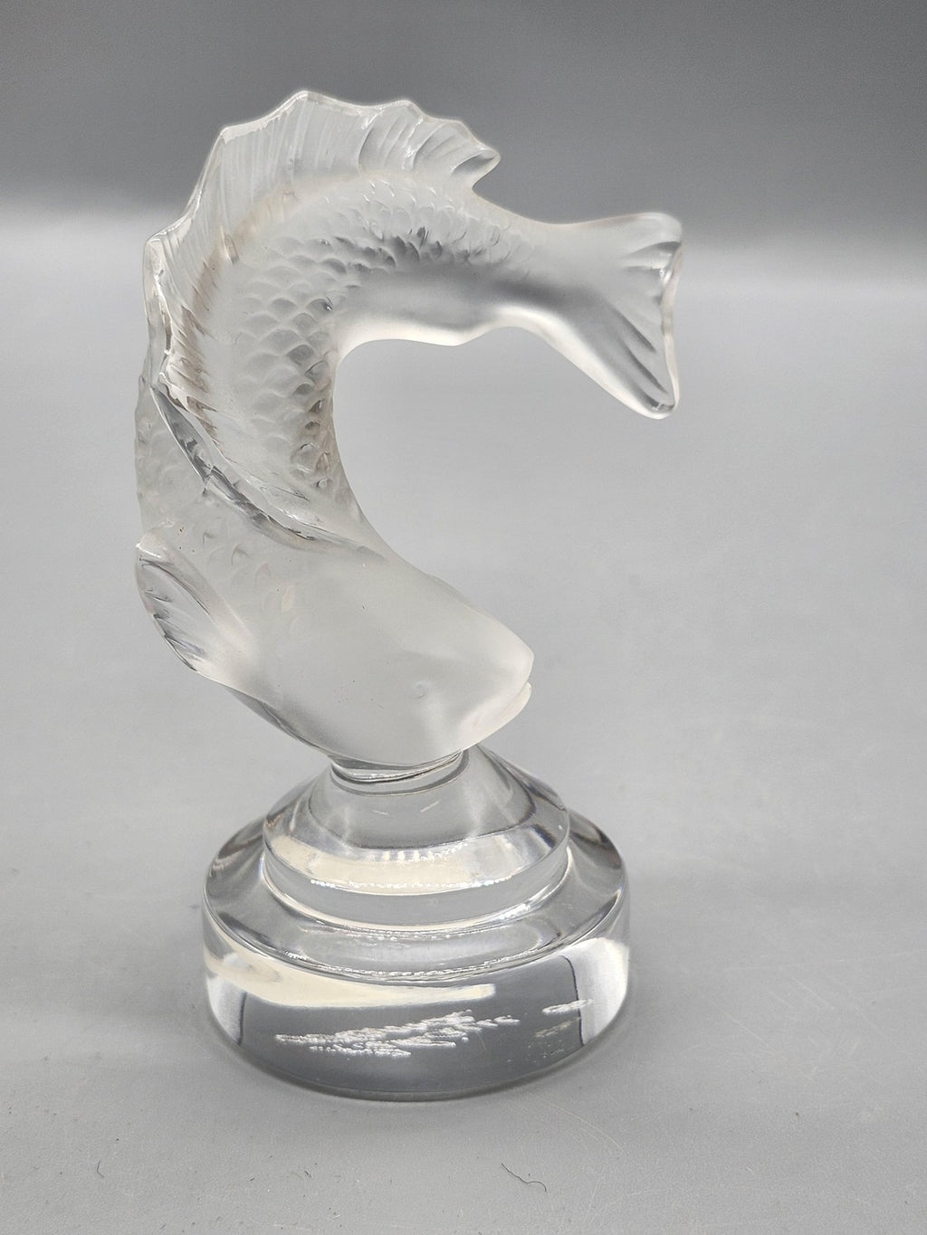 Lalique Clear Frosted Crystal Fish Figurine Round Base Art Glass Decor France