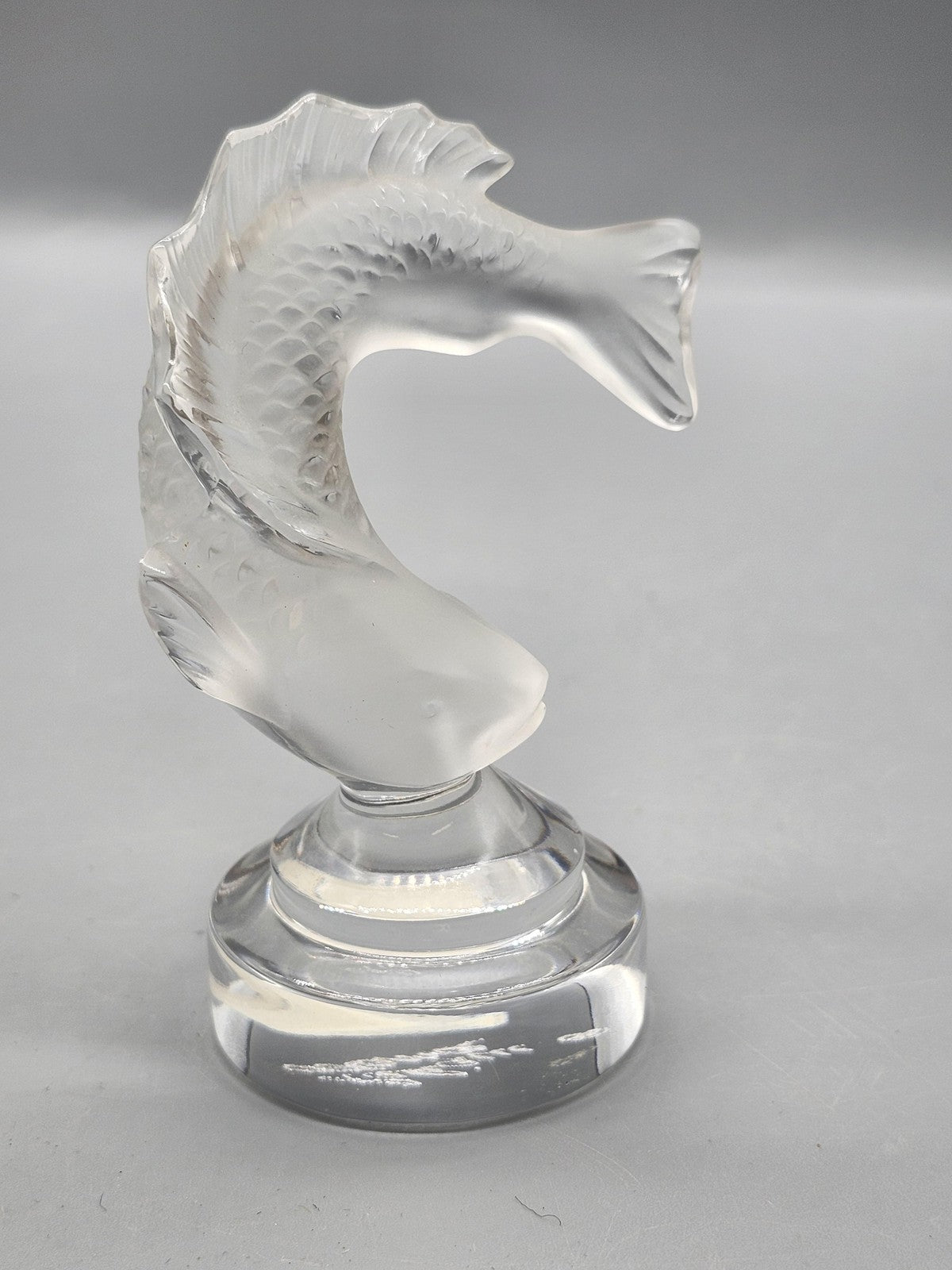 Lalique Clear Frosted Crystal Fish Figurine Round Base Art Glass Decor France