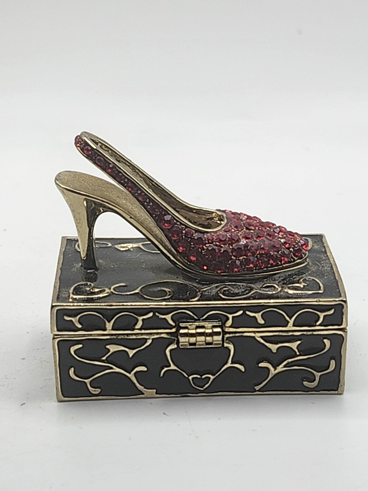 High Heel Shoe Trinket Box Small Black Gold Red Crystal Hearts Decor Romantic