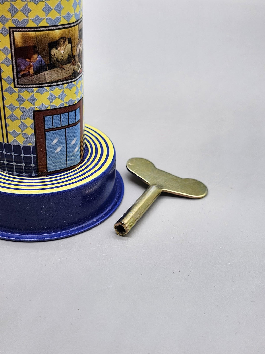 Airport Control Tower Wind Up Tin Toy Airplane Playset Blue Yellow Boxed MS 469