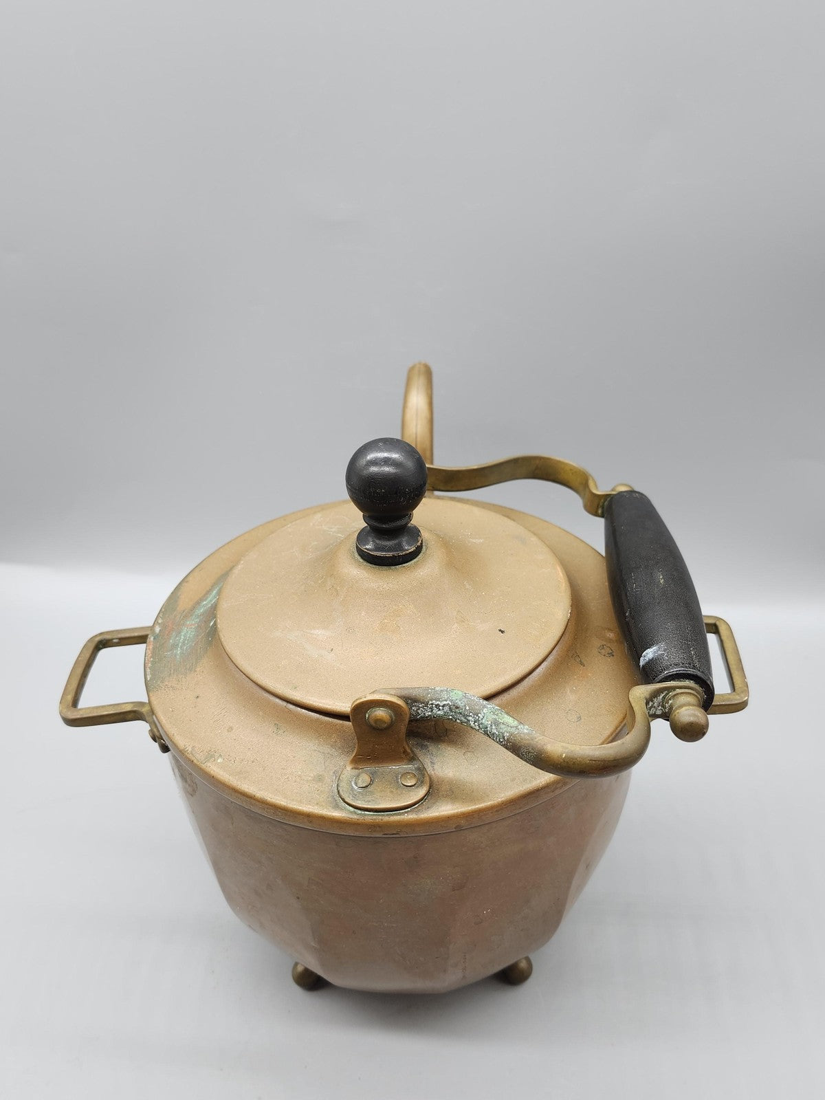 Vintage Copper Brass Tea Pot Kettle Medium Brown Wood Handle Lid Strainer Decor