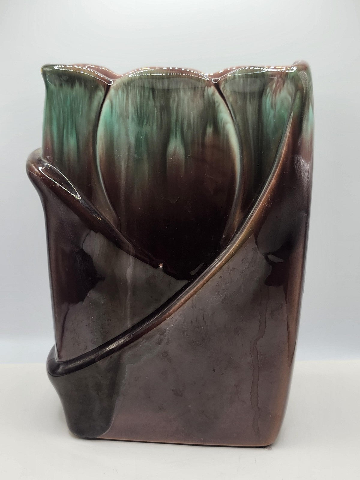 Vintage Brown Green Drip Glaze Ceramic Tulip Flower Relief Art Vase Decor