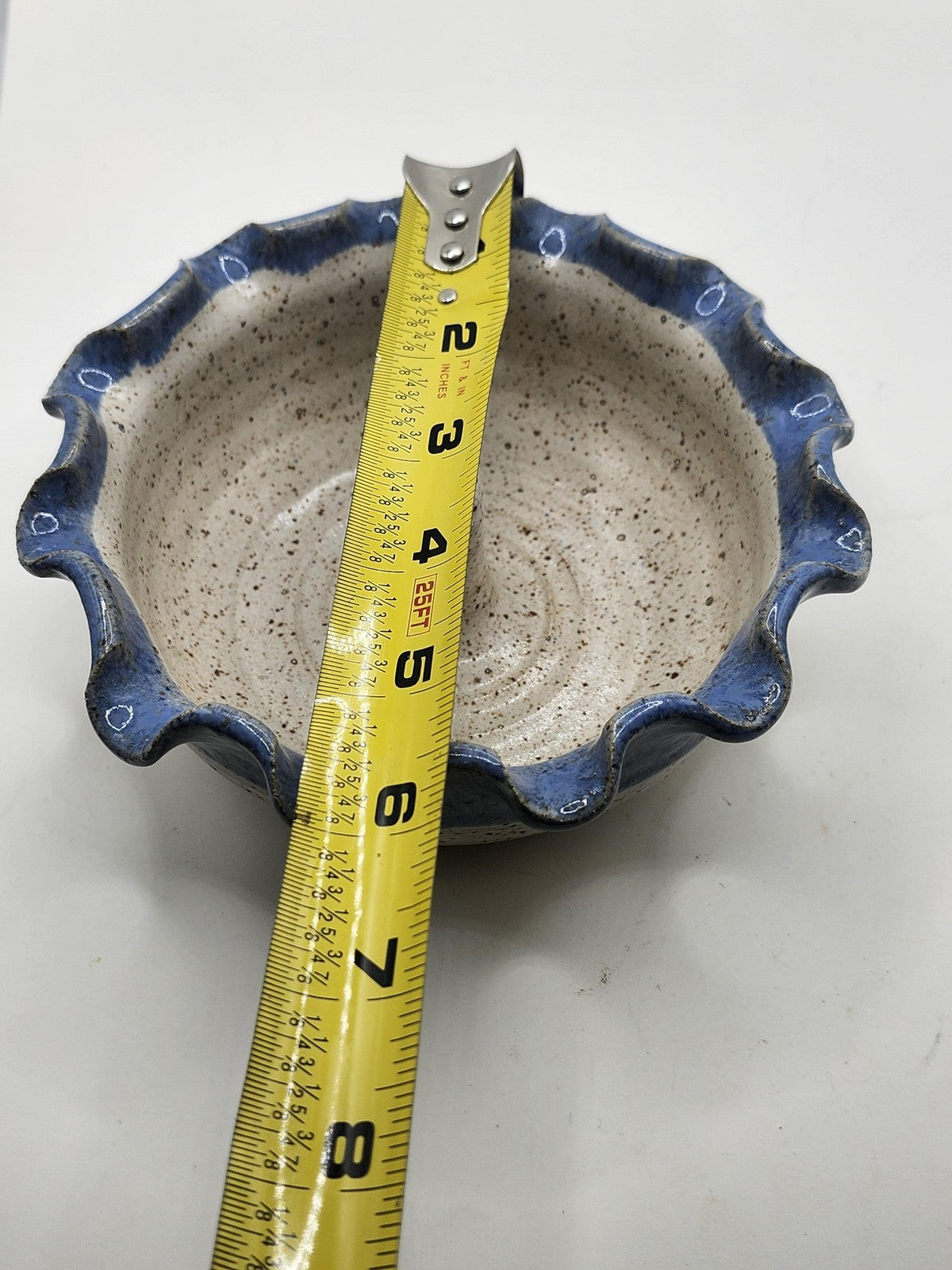 Whit Blue Stoneware Pillar Candle Holder Ruffled Edge Speckled Pottery Decor