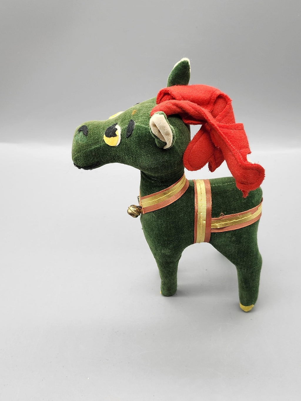 Vintage Green Horse Plush Stuffed Animal Small Bell Red Mane Holiday Toy Retro