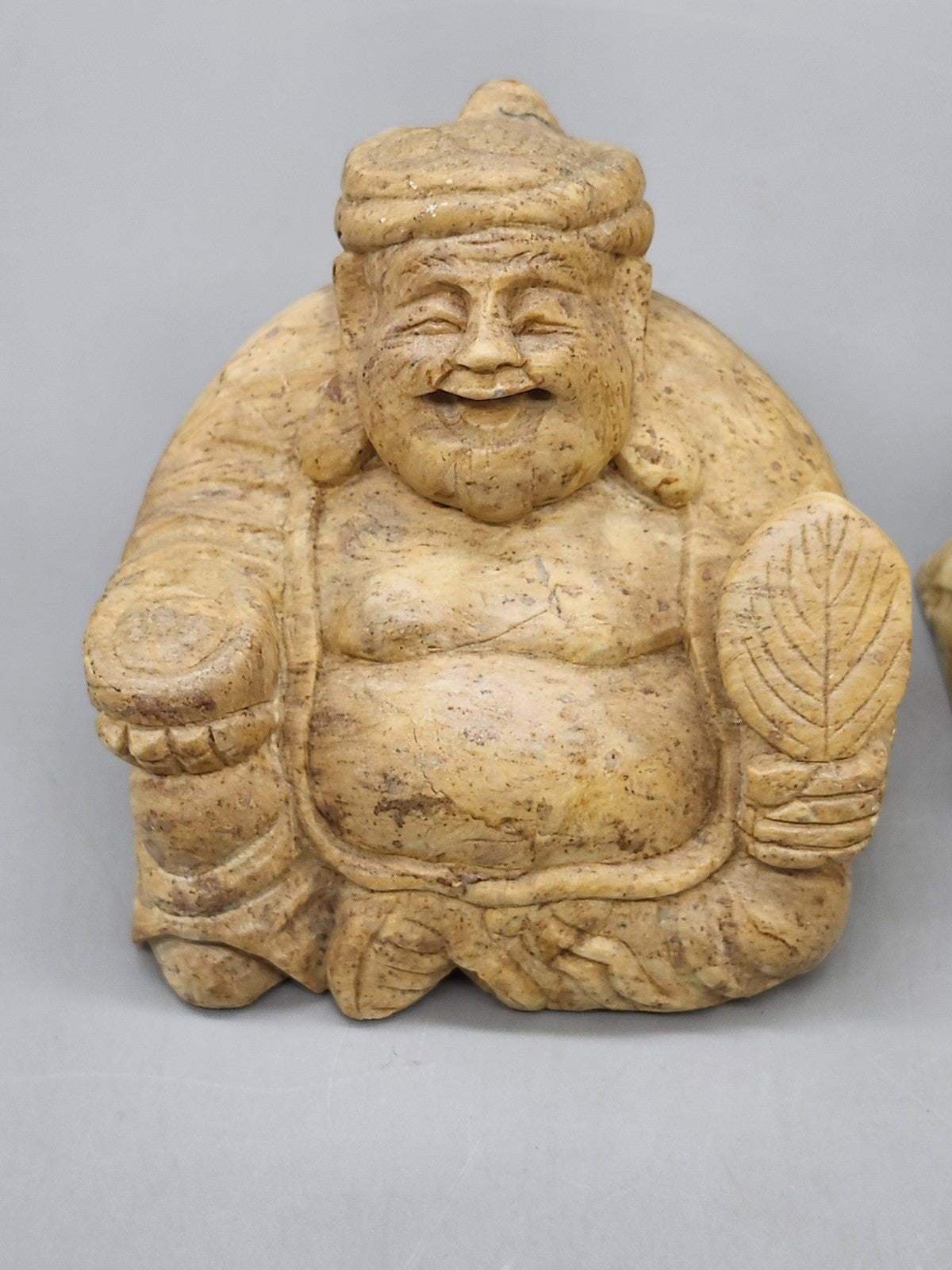 Pair Asian Carved Stone Buddha & Fukurokuju Figurines Vintage 4" Statues