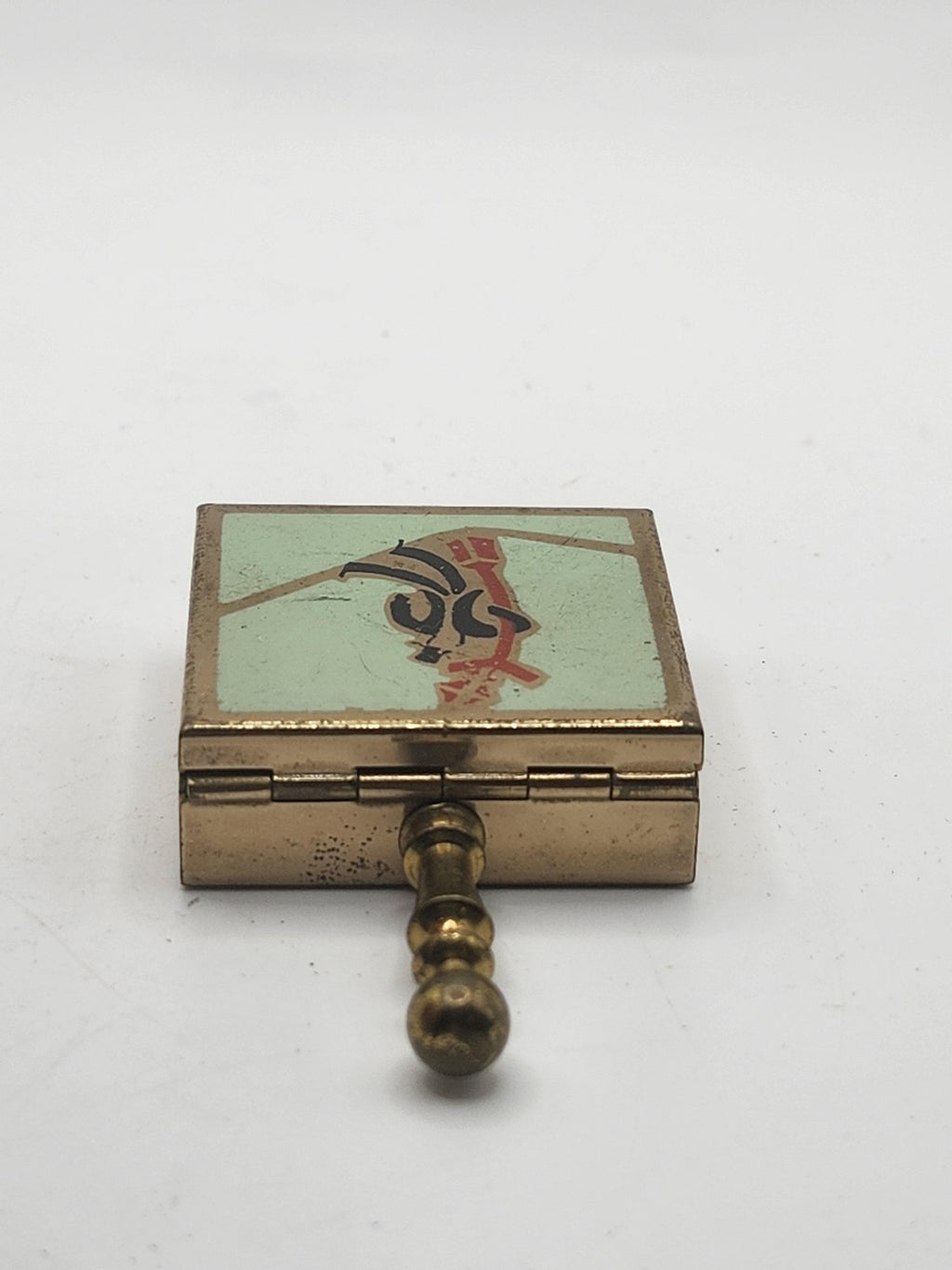 Vintage Art Deco Enamel Compact Pill Box Mint Green Gold Tone Metal Case Vanity
