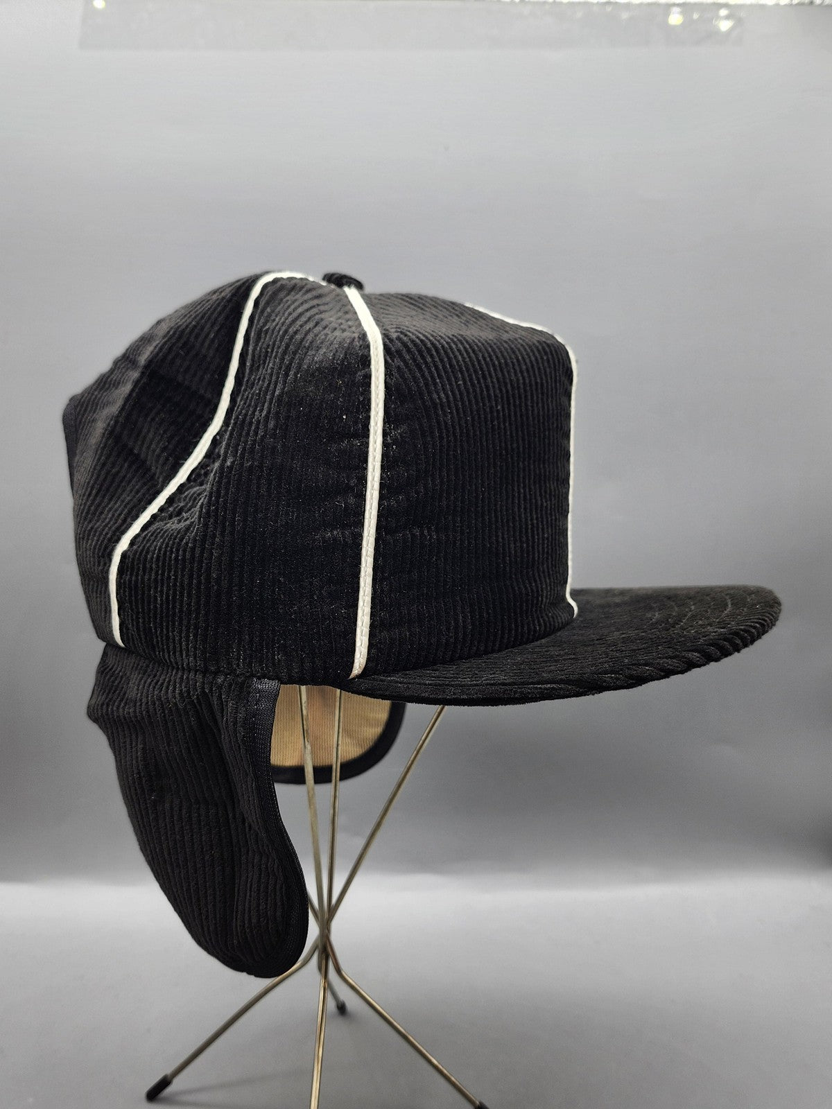 Vintage New Era Hat Cap Snap Back Mens One Size Black Corduroy Ear Flap 80s 90s