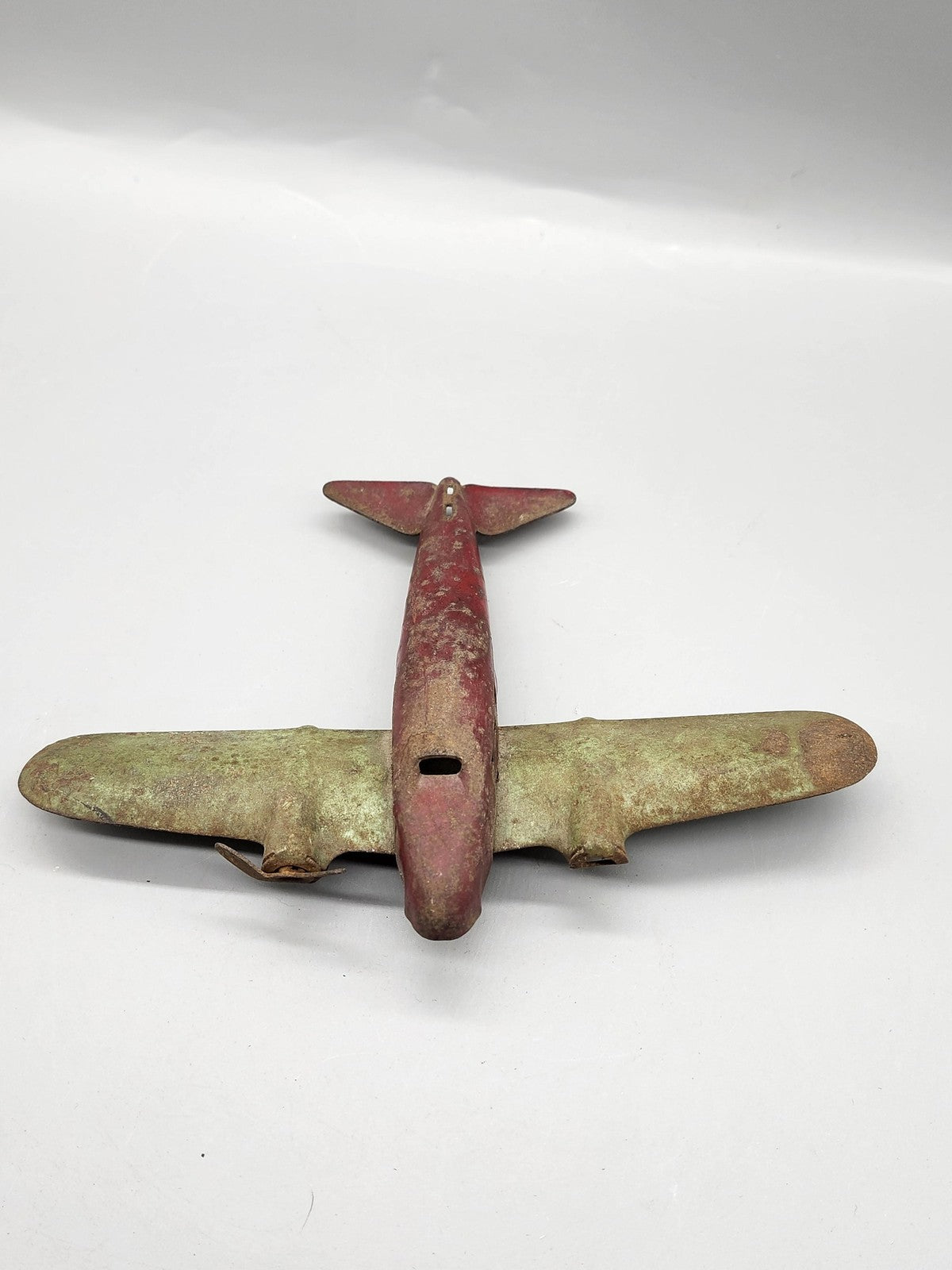 Vintage Cast Iron Airplane Toy Small Red Green Propeller Plane Collectible Decor