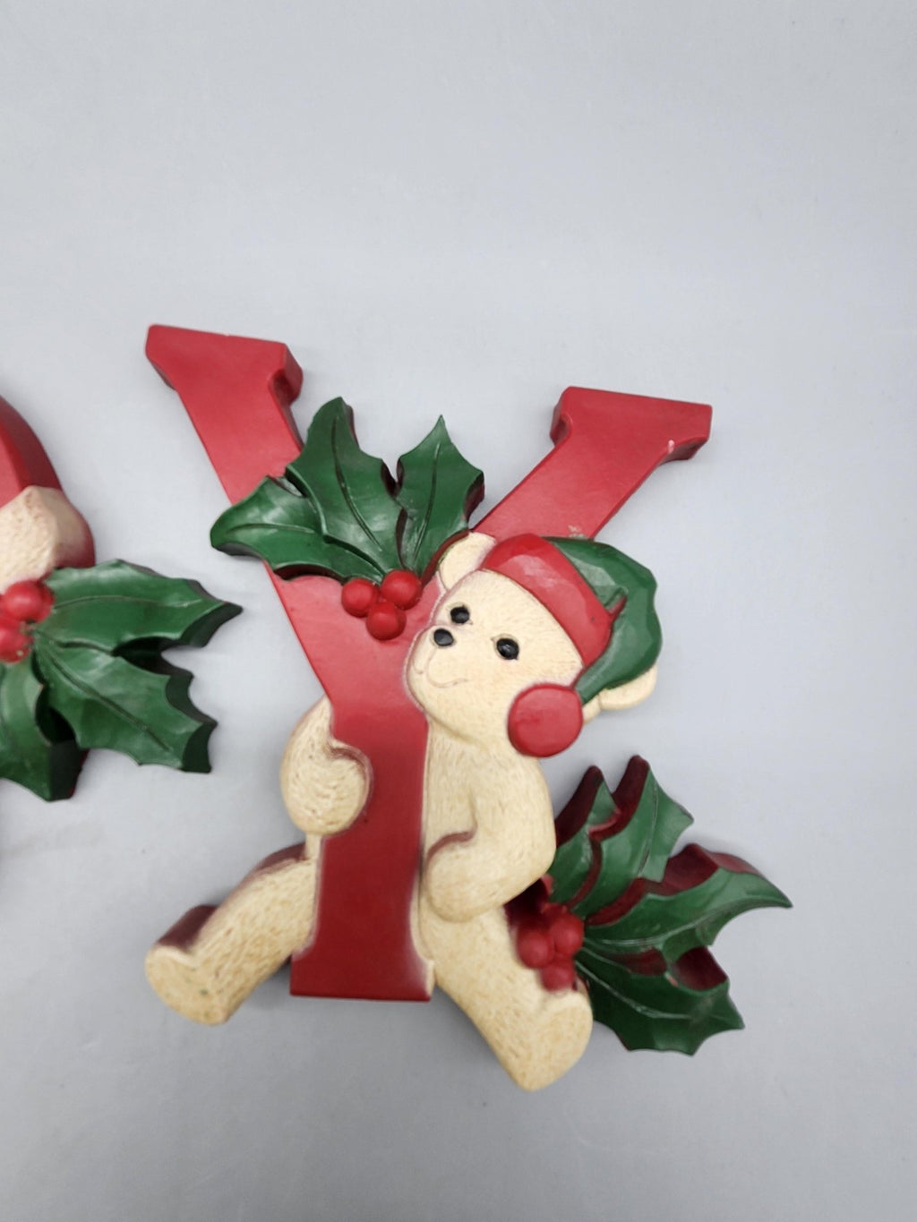 Homco JOY Teddy Bear Wall Plaque Set 3pc Red Green Plastic Christmas Decor