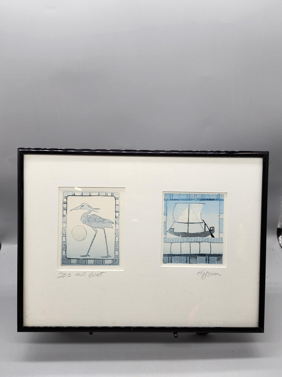 Higson Ibis And Boat Naive Etching Diptych Medium Framed Blue Print Nautical Art