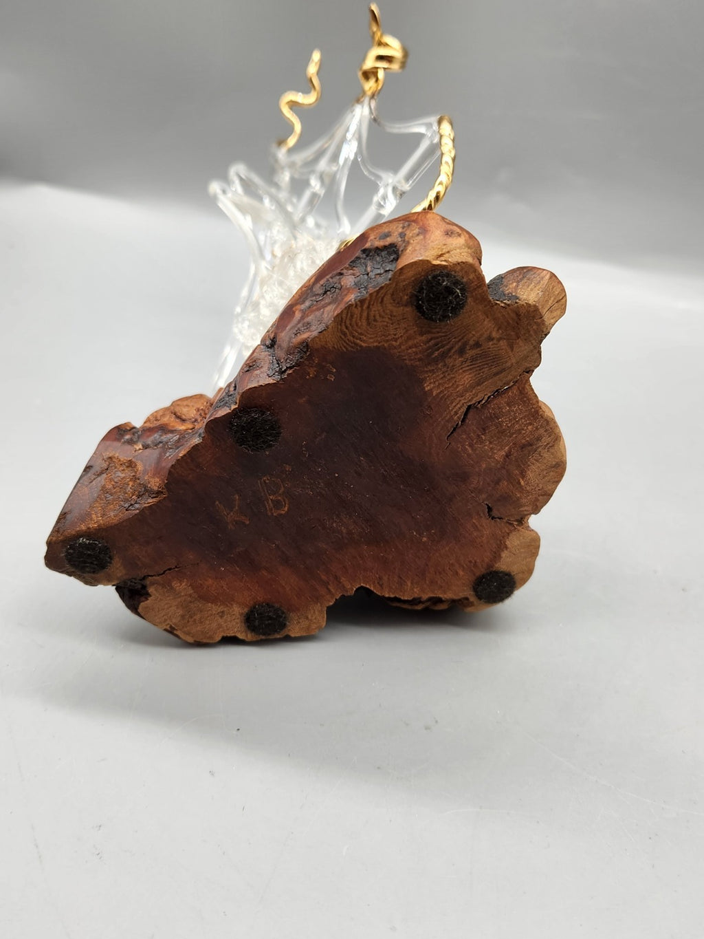 Vintage Hand Blown Art Glass Sailboat Sculpture 22KT Gold Burl Wood Base MCM