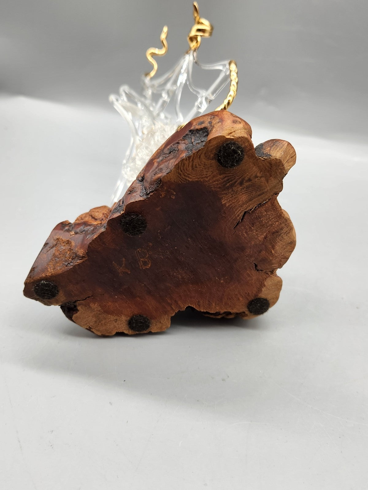 Vintage Hand Blown Art Glass Sailboat Sculpture 22KT Gold Burl Wood Base MCM