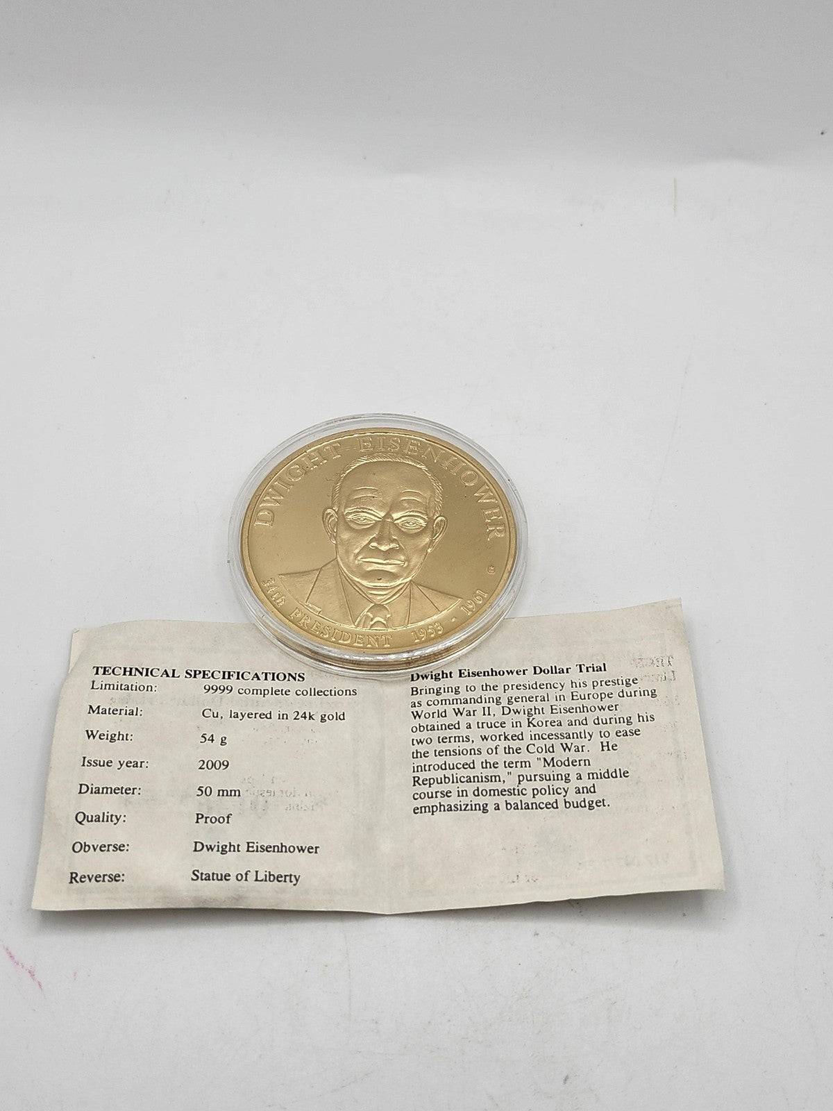 2009 American Mint Eisenhower Presidential Dollar Trials Proof Gold Coin 50mm