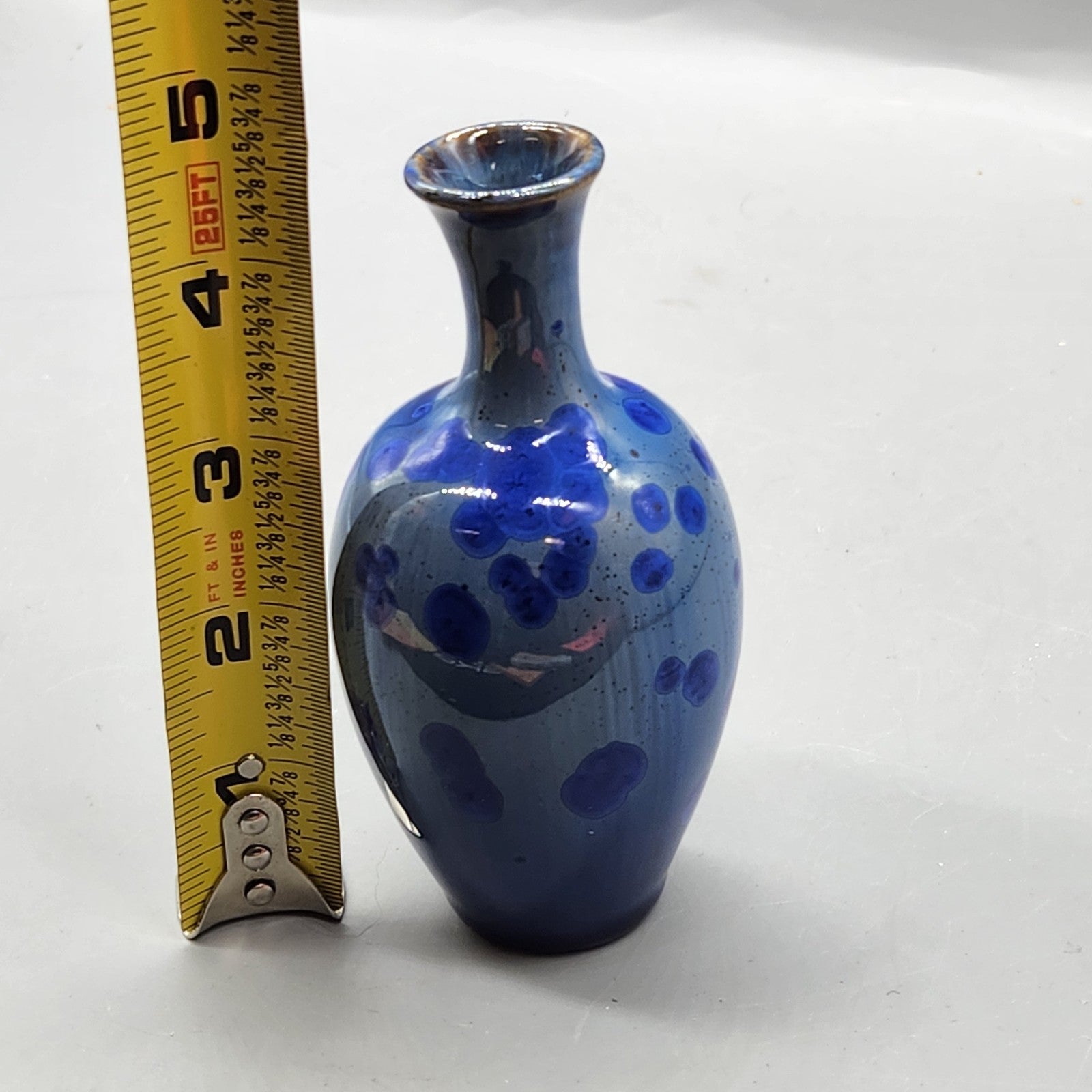 Signed Studio Pottery Vase Blue Drip Glaze Handmade Art Pottery 4.5”