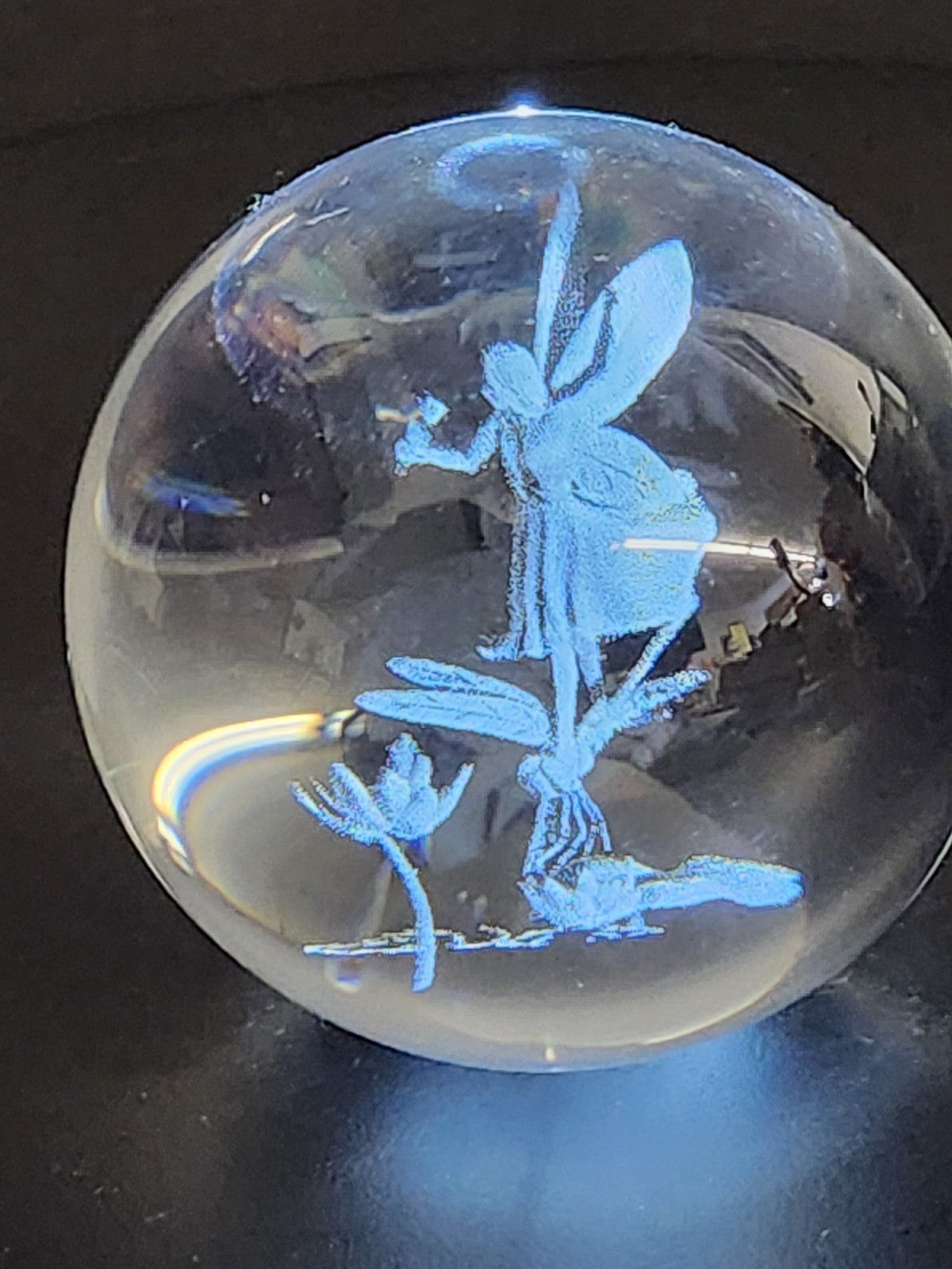 3D Laser Etched Crystal Ball Fairy Riding Dragonfly Paperweight 2.5"