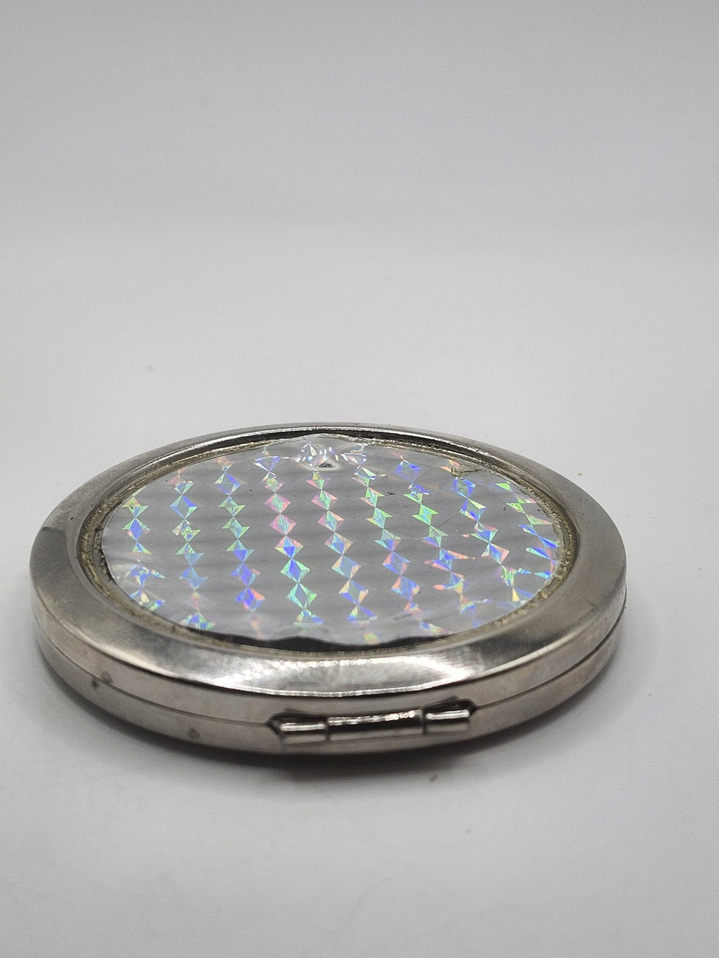 Femme Couture Round Compact Mirror Silver Holographic Dual Sided Portable Makeup