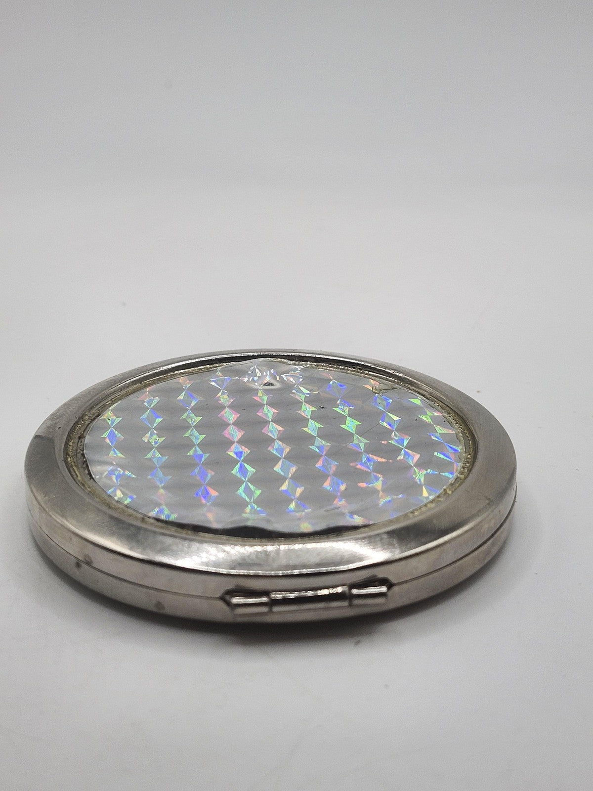 Femme Couture Round Compact Mirror Silver Holographic Dual Sided Portable Makeup