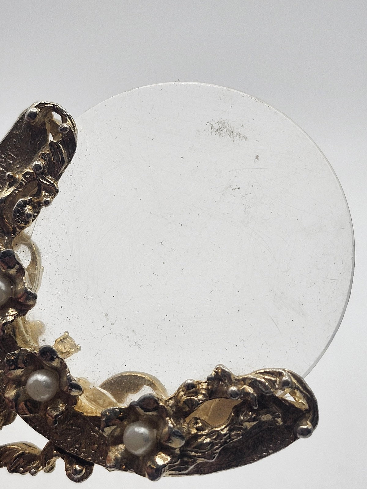 Ornate Gold Tone Floral Handle Magnifying Glass Handheld Faux Pearl Decorative