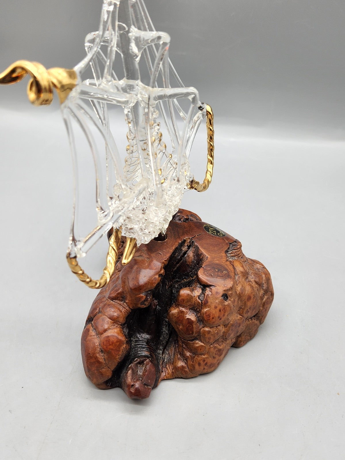 Vintage Hand Blown Art Glass Sailboat Sculpture 22KT Gold Burl Wood Base MCM