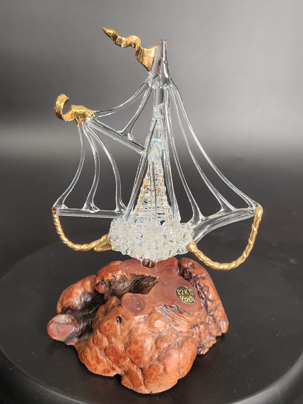 Vintage Hand Blown Art Glass Sailboat Sculpture 22KT Gold Burl Wood Base MCM