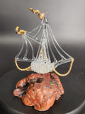 Vintage Hand Blown Art Glass Sailboat Sculpture 22KT Gold Burl Wood Base MCM