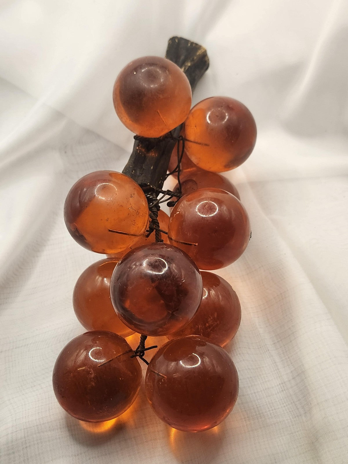 Vintage Mid Century Lucite Grape Cluster Sculpture Orange Wood Stem Decor Art