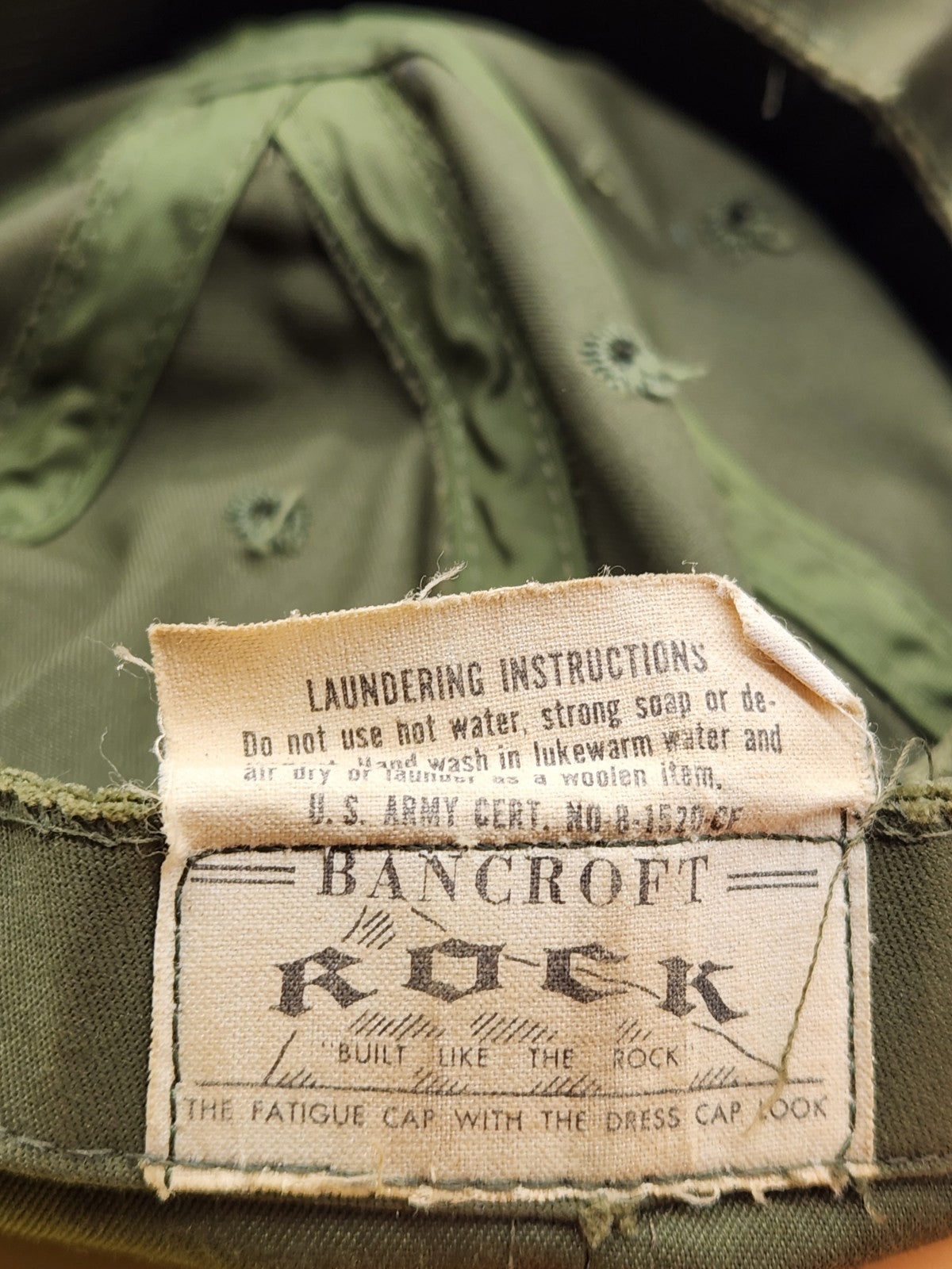 Vintage Bancroft Rock Olive Drab Fatigue Cap Military Style Hat Army USA Vietnam
