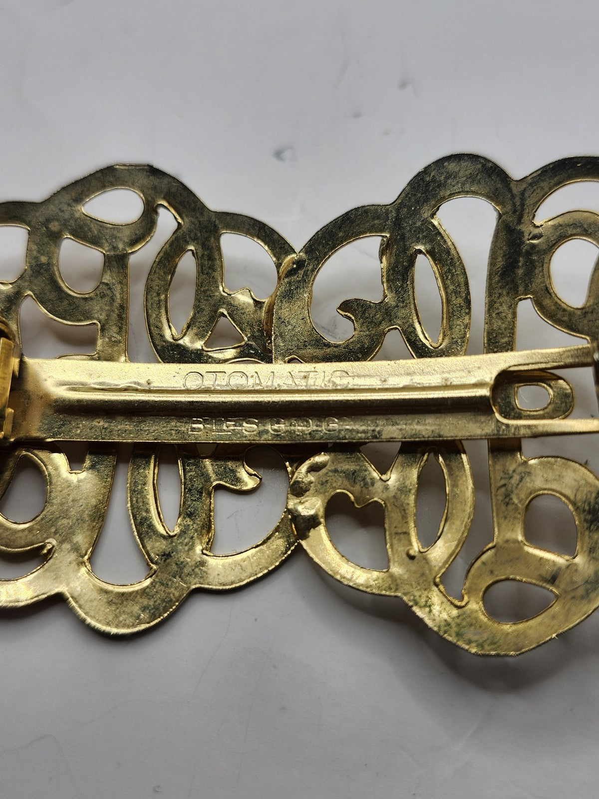 Goody Barrette Womens Teens Gold Brass Monogram Script Hair Clip Metal Accessory