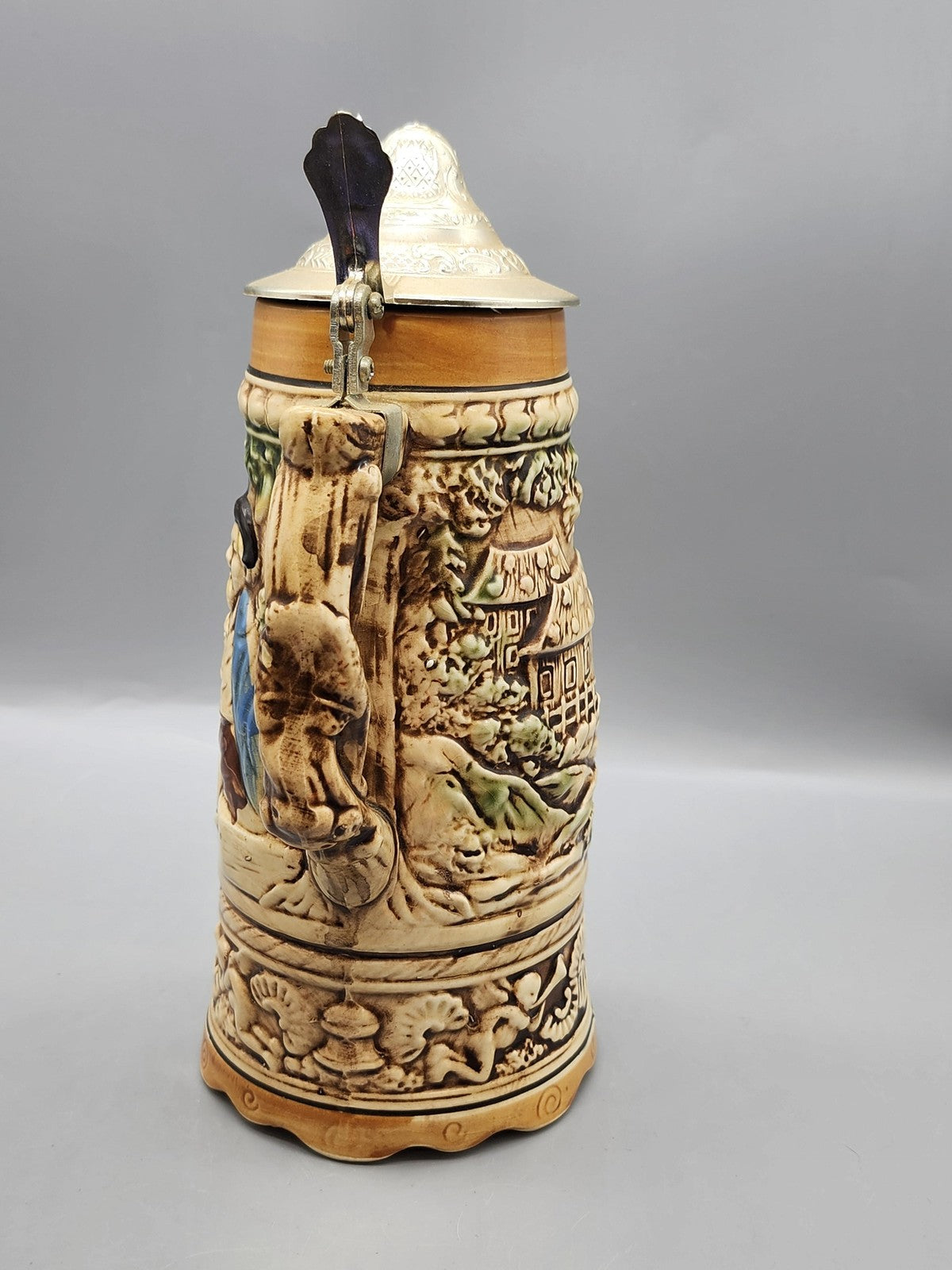 Vintage German Tavern Scene Lidded Stein Music Box Multicolor Ceramic Decor