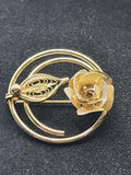 Gold Tone Rose Circle Brooch Pin Textured Flower Leaf Costume Jewelry Gift