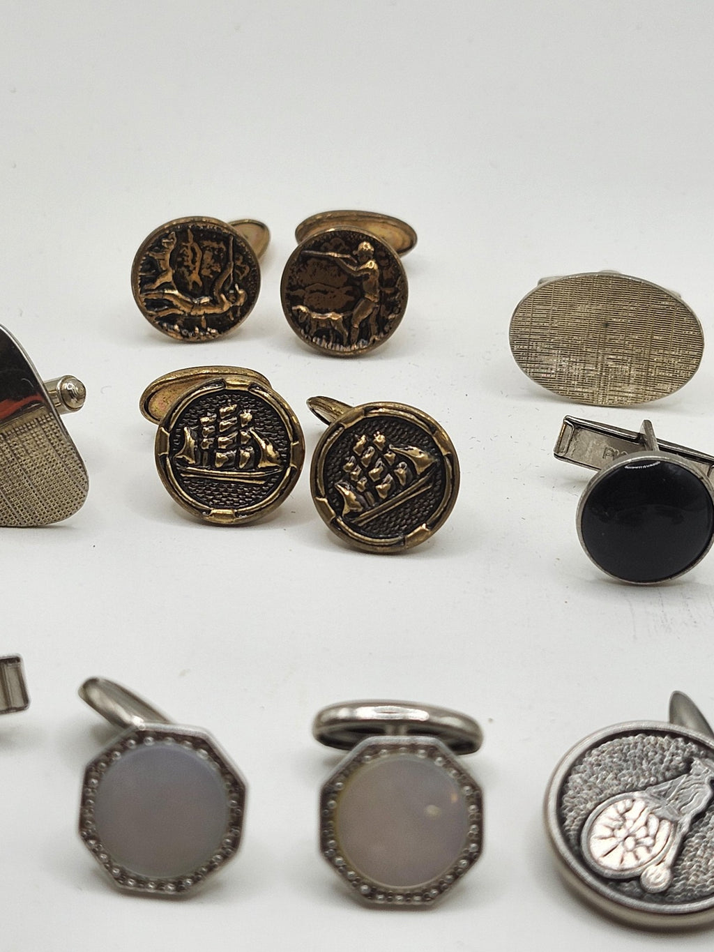 Vintage Cufflinks Lot Mixed Brands Mens Gold Silver Tone Black Rhinestone 8 Pair