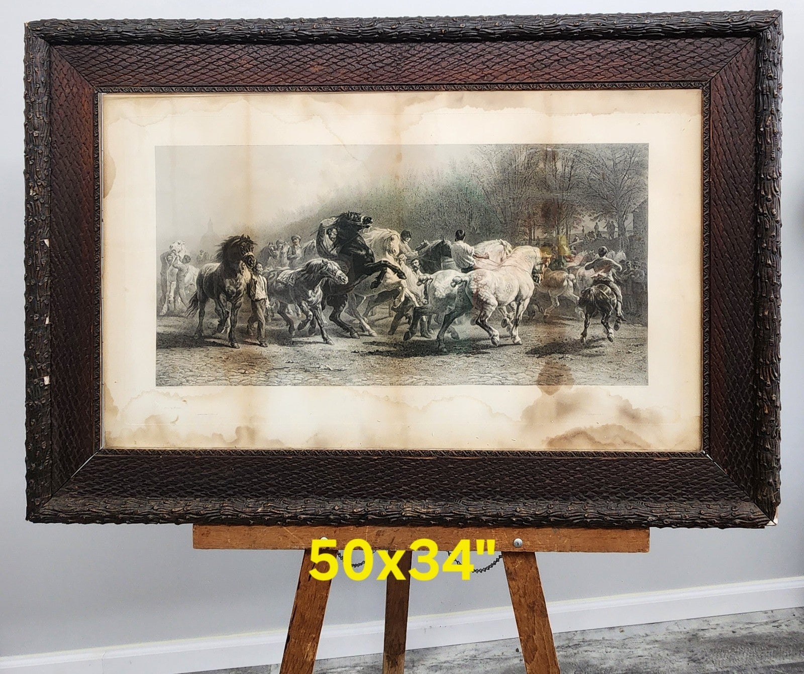 Antique Rosa Bonheur Horse Engraving Print HUGE 50x34 Black Forest Frame C.G....