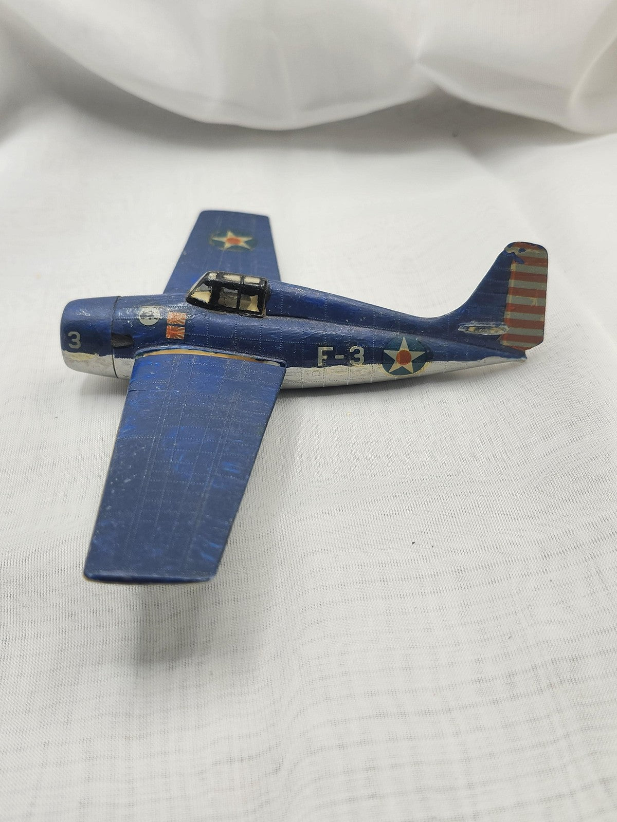 Vintage Blue Zamak Airplane Toy Small Military Fighter Plane 3 F-3 Stars