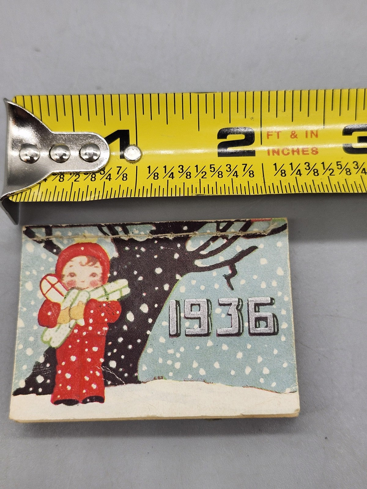 Vintage 1936 Mini Calendar Child In Red Snowsuit Winter Snow Scene Ephemera