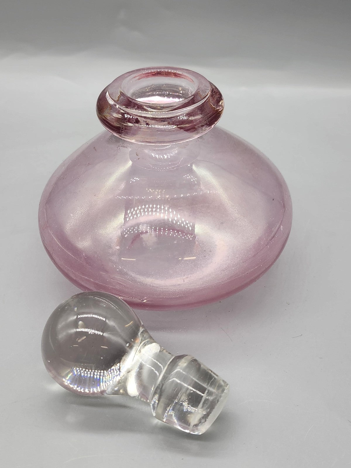Vintage Pink Iridescent Glass Perfume Bottle Clear Ball Stopper Vanity Decor