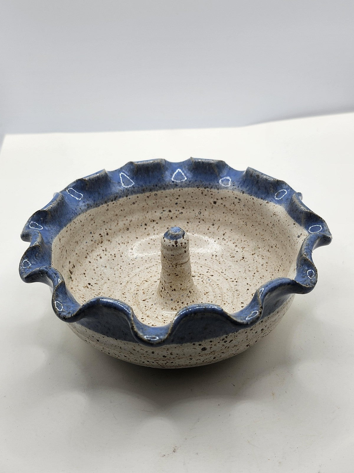 Whit Blue Stoneware Pillar Candle Holder Ruffled Edge Speckled Pottery Decor