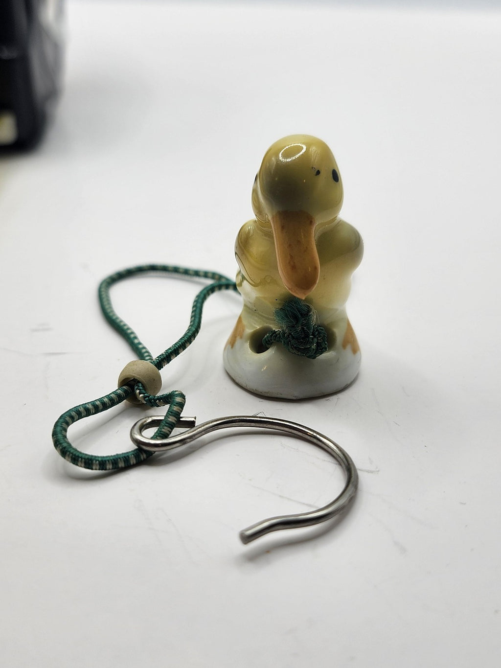 Porcelain Duck Ornament Small Yellow Bird Green Cord Metal Hook Figurine Decor