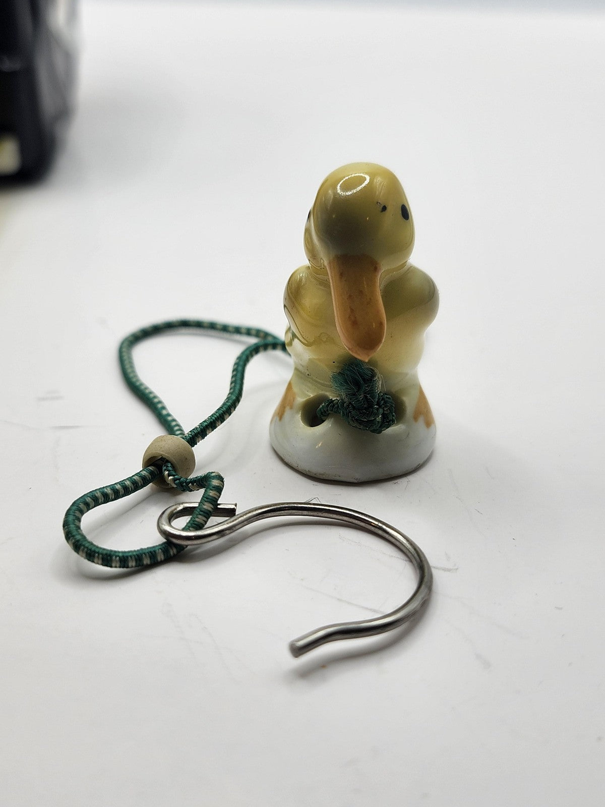 Porcelain Duck Ornament Small Yellow Bird Green Cord Metal Hook Figurine Decor