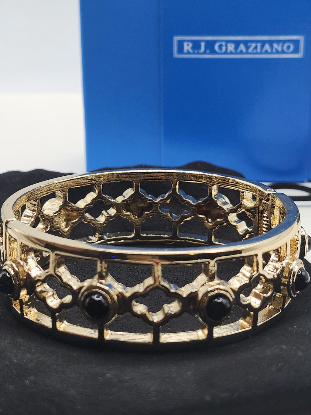 R.J. Graziano Gold Tone Bangle Bracelet Black Cabochon Openwork Jewelry Gift