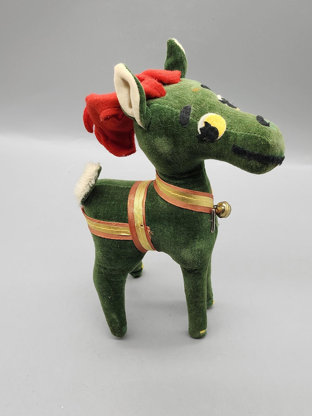Vintage Green Horse Plush Stuffed Animal Small Bell Red Mane Holiday Toy Retro