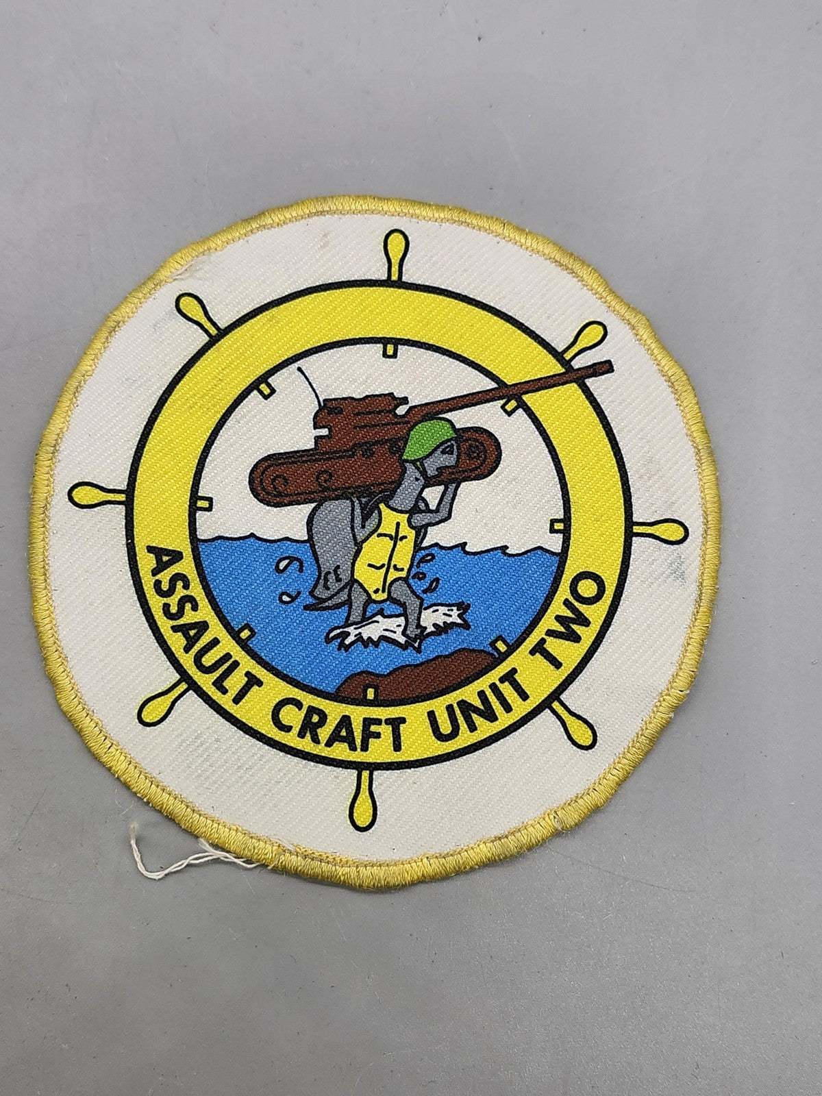 US Navy Assault Craft Unit Two Patch Round White Yellow Ship Wheel Embroidered