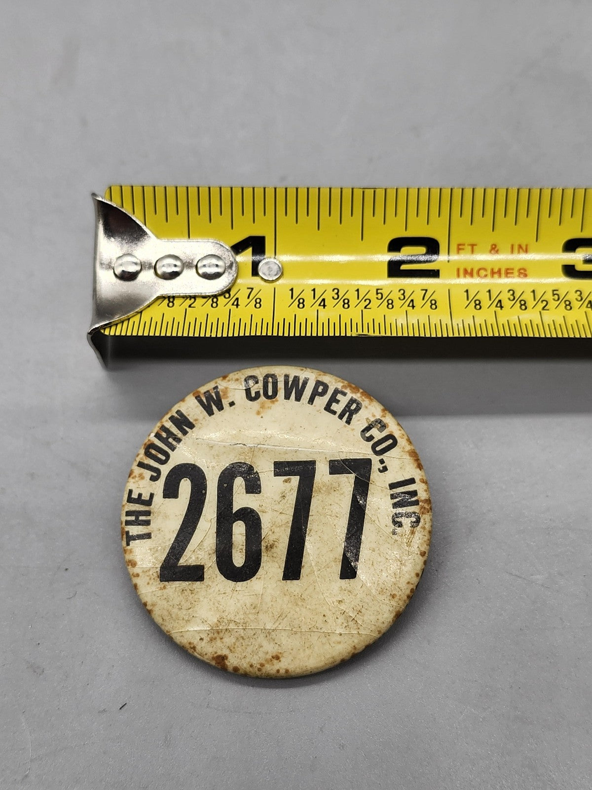 Vintage John W Cowper Co Employee Badge 2677 Pinback Button Number Lapel Metal